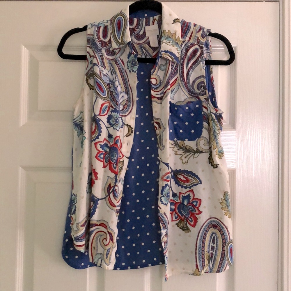 CHICO'S Scrolling Orient Shirt - Paisley/Polka Dot Sleeveless Size 1/Med…